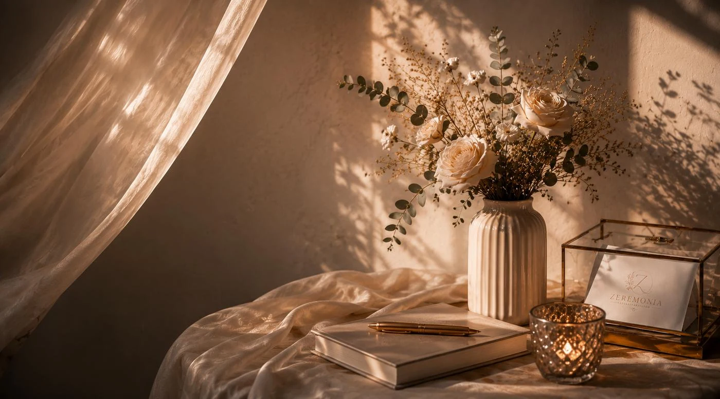 Hochzeitsmotiv von Zeremonia mit Blumen, Kerzenlicht und Papeterie